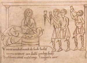 Illustrazione da manoscritto del IX-X sec. sull'uso di bicchieri conici e di corni libatori