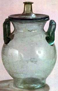 Vaso romano-germanico in vetro soffiato, forse urna cineraria, I-II secolo d.C.